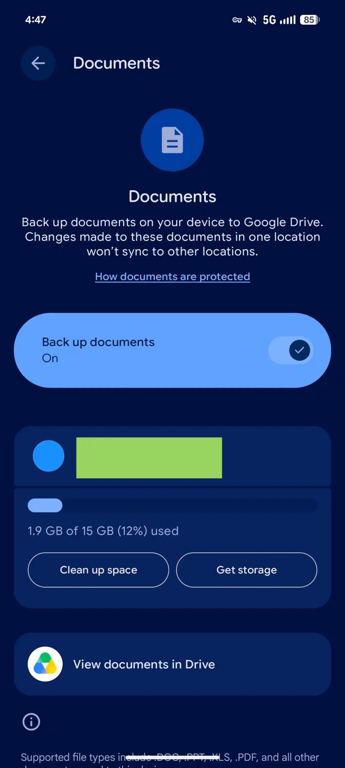 A screenshot of the Android Backup page showing the contents of the upcoming Documents folder.