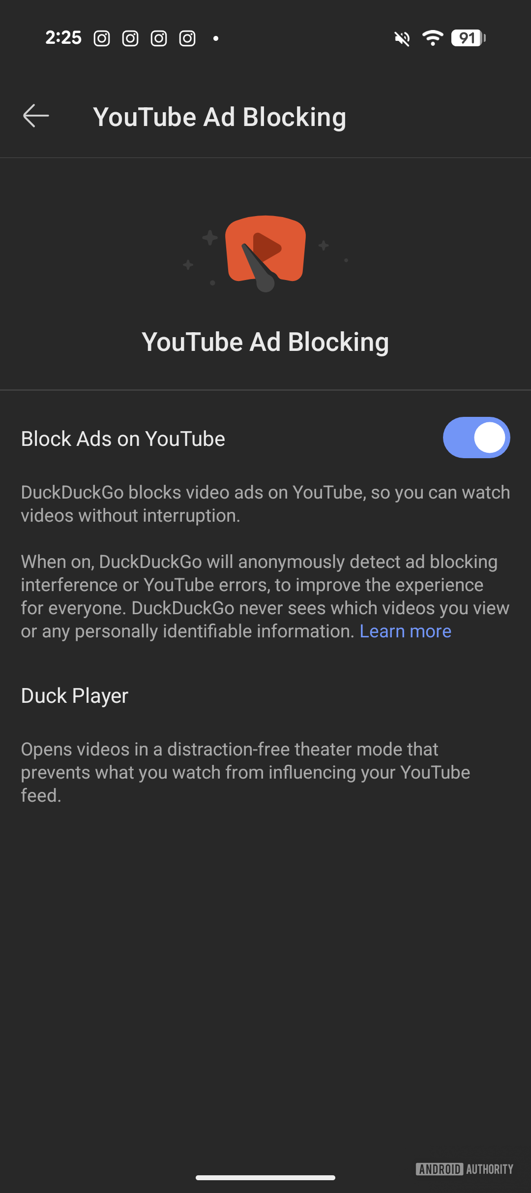 Block ads on YouTube enabled on DuckDuckGo browser
