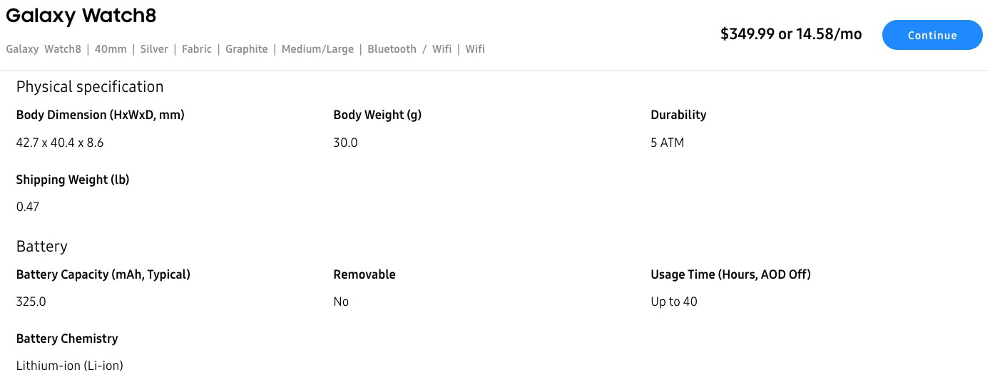 Galaxy Watch 8 40mm Battery specifications