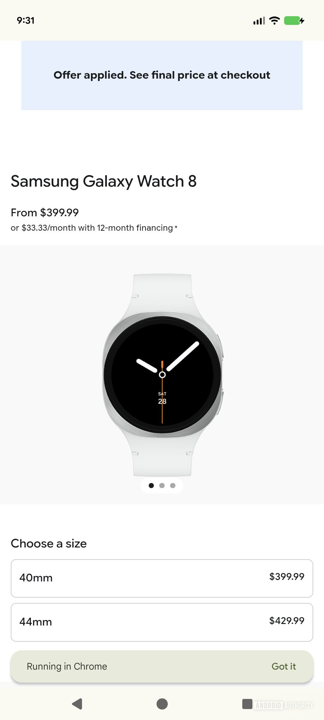 A screenshot of the Google Play Store showing the model selector page of the Galaxy Watch 8.