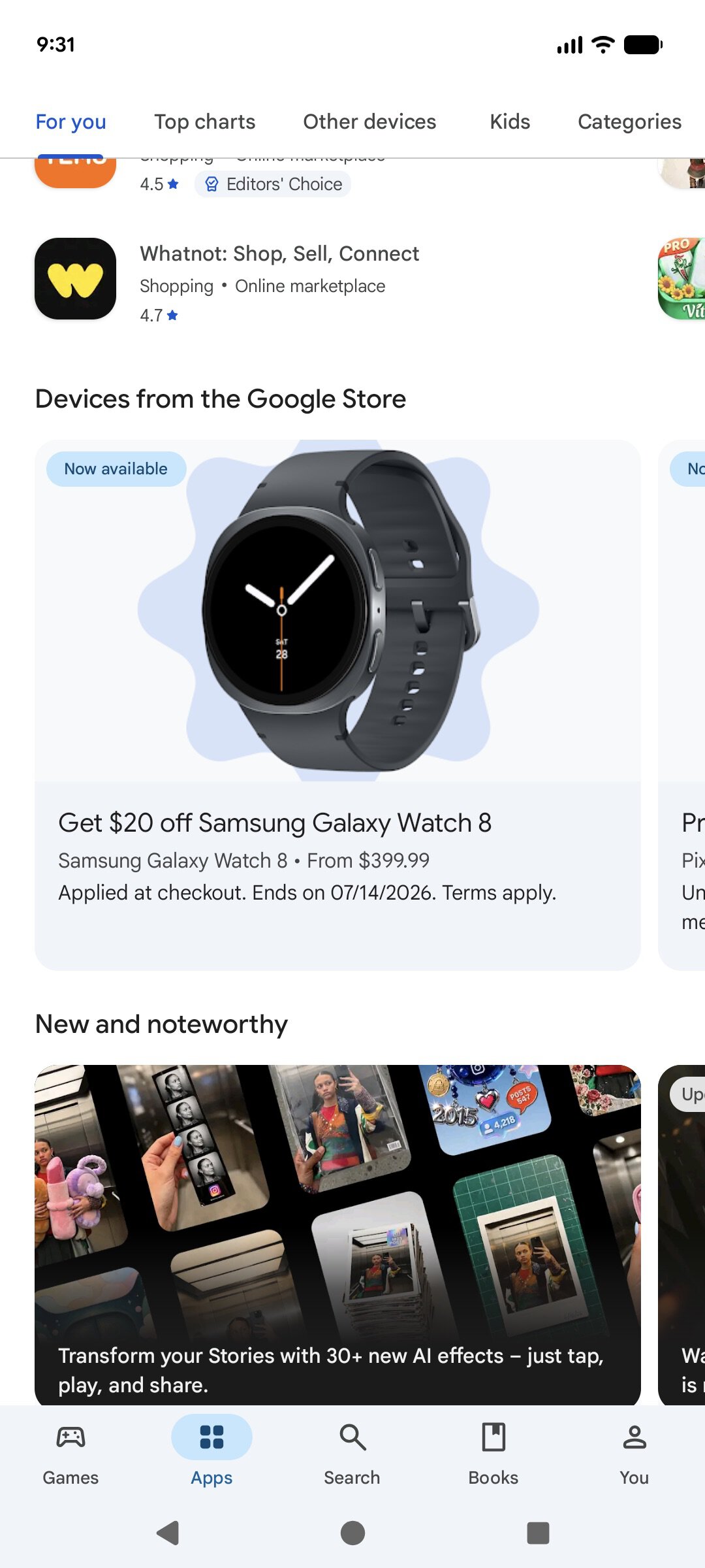 A screenshot of the Google Play Store showing a promo of the Galaxy Watch 8.