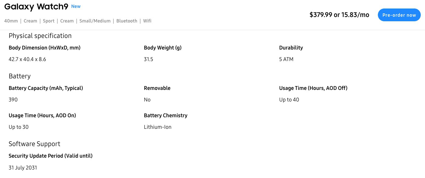 Galaxy Watch 9 40mm Battery specifications