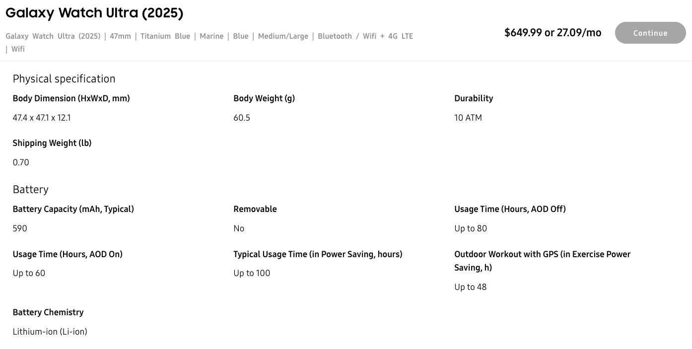 Galaxy Watch Ultra battery specifications
