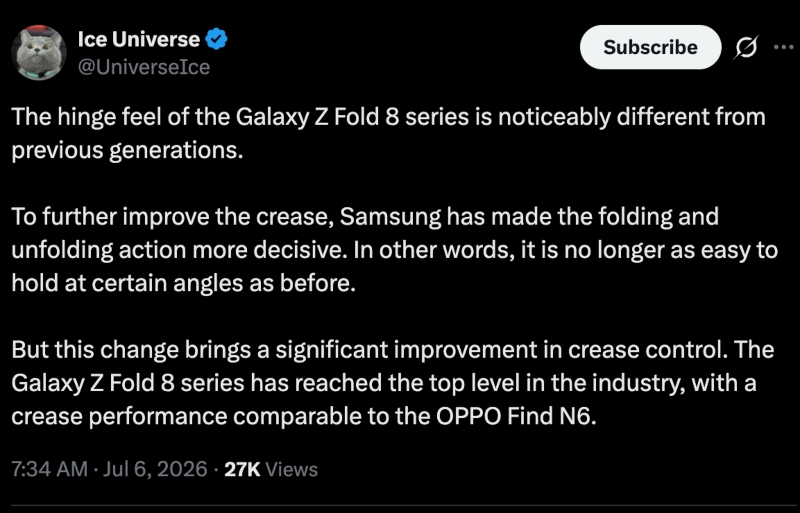 Galaxy Z Fold 8 series crease ice universe x post Galaxy Z Fold 8 series crease ice universe x post