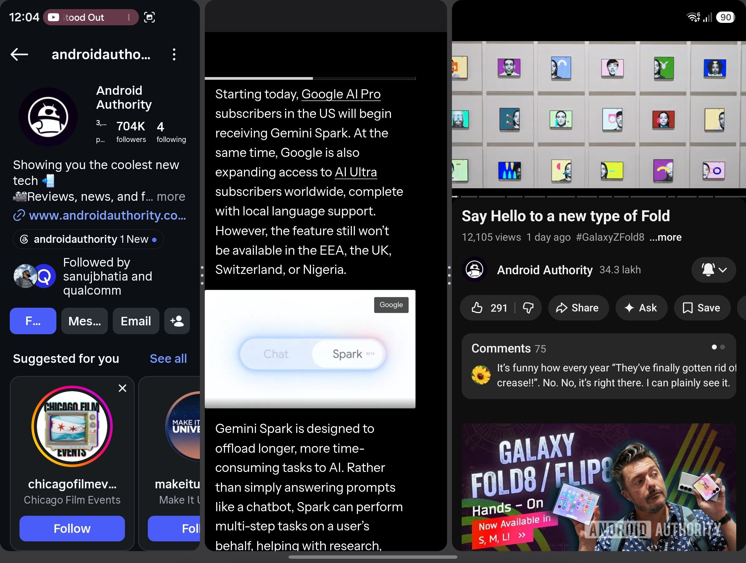 Galaxy Z Fold 8 three apps vertical split
