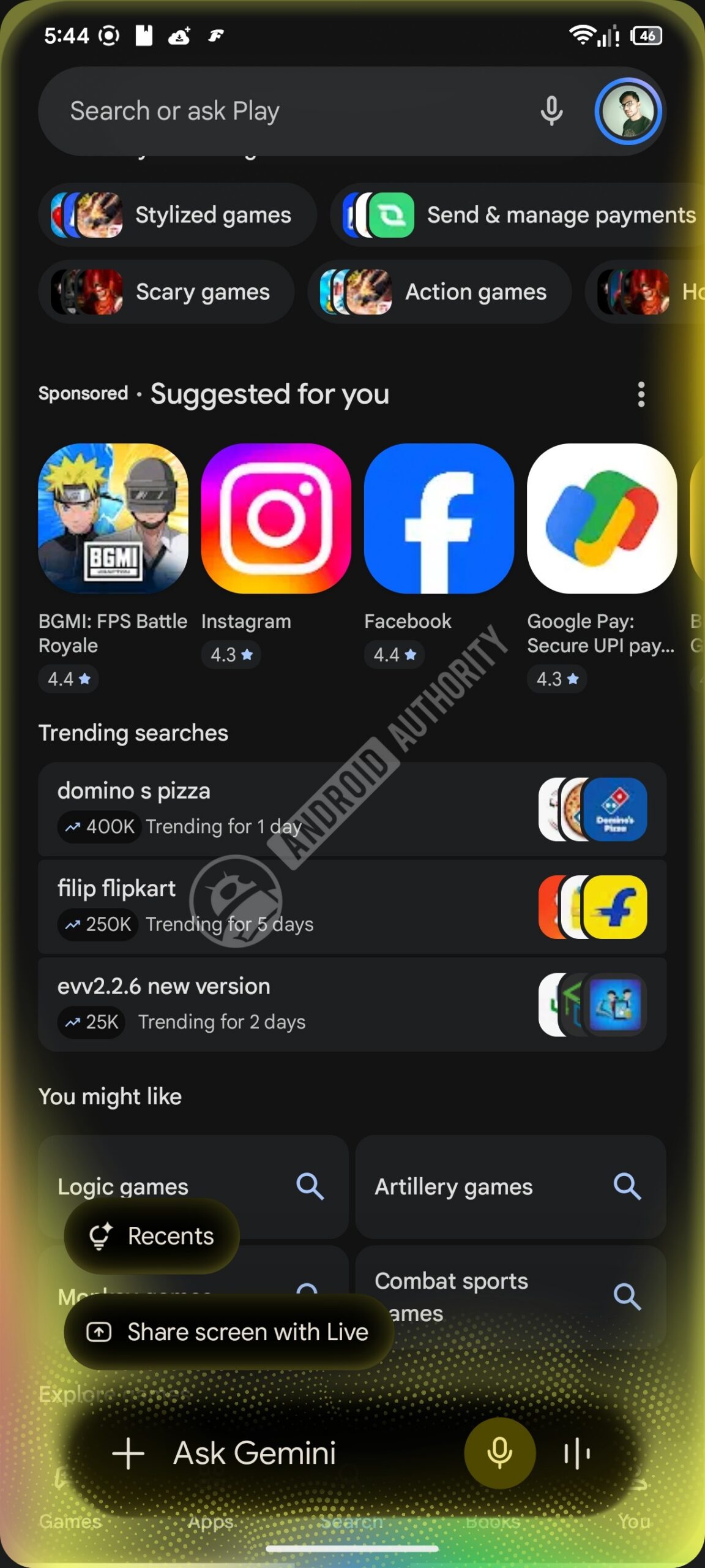 Gemini Live agent dashboard renamed to recents image watermarked