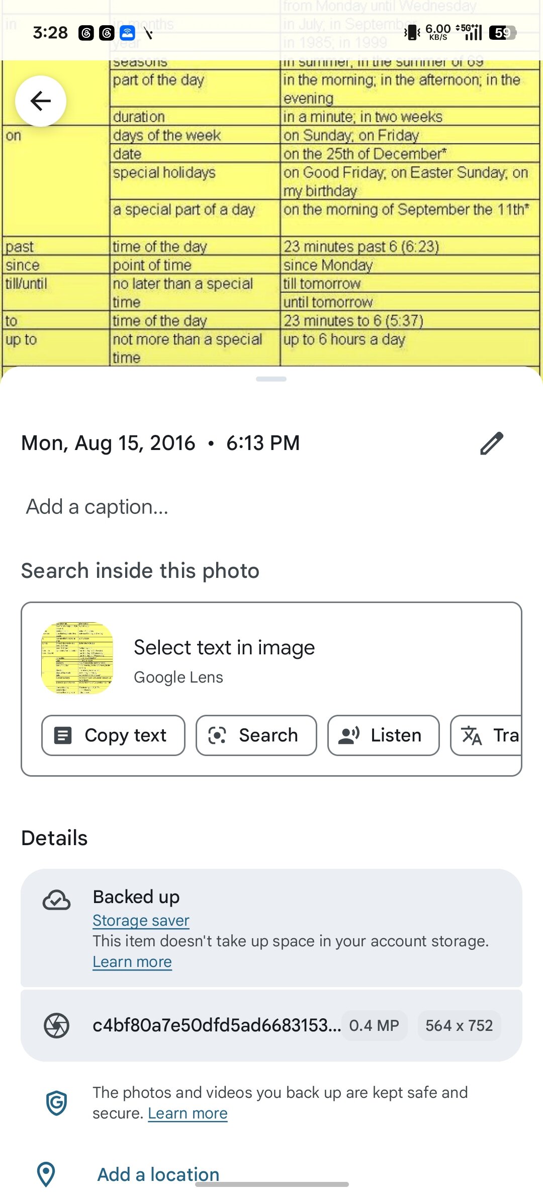 Google Photos copy text