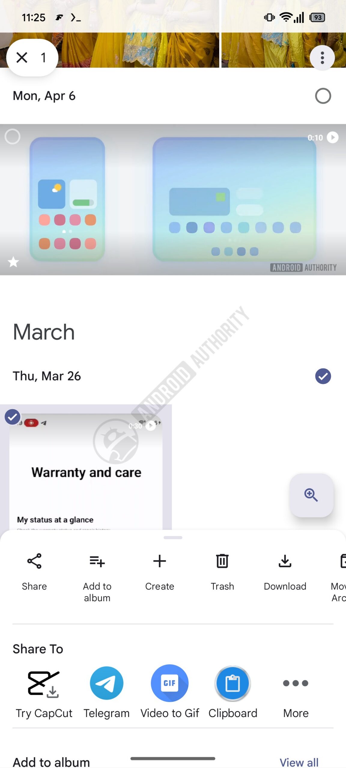 Google Photos share sheet new row watermarked