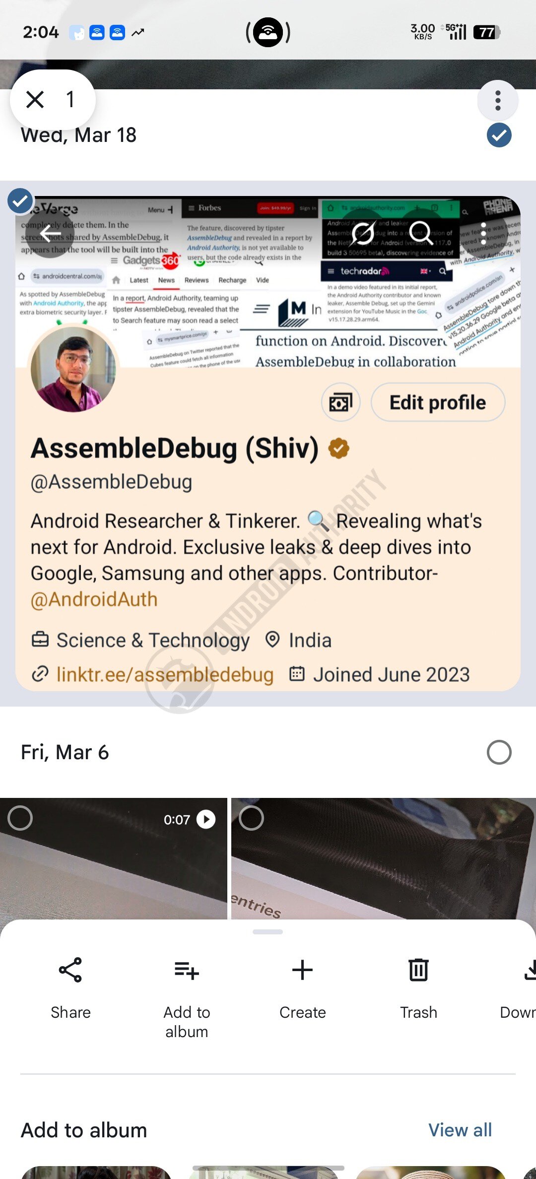 Google Photos share sheet watermarked
