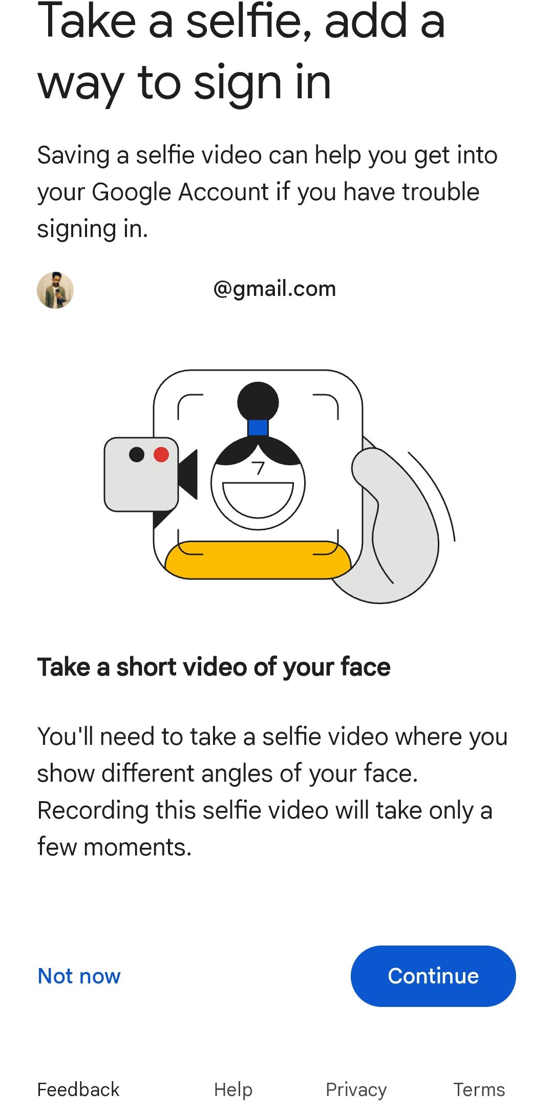 Google selfie sign in page on an Android phone