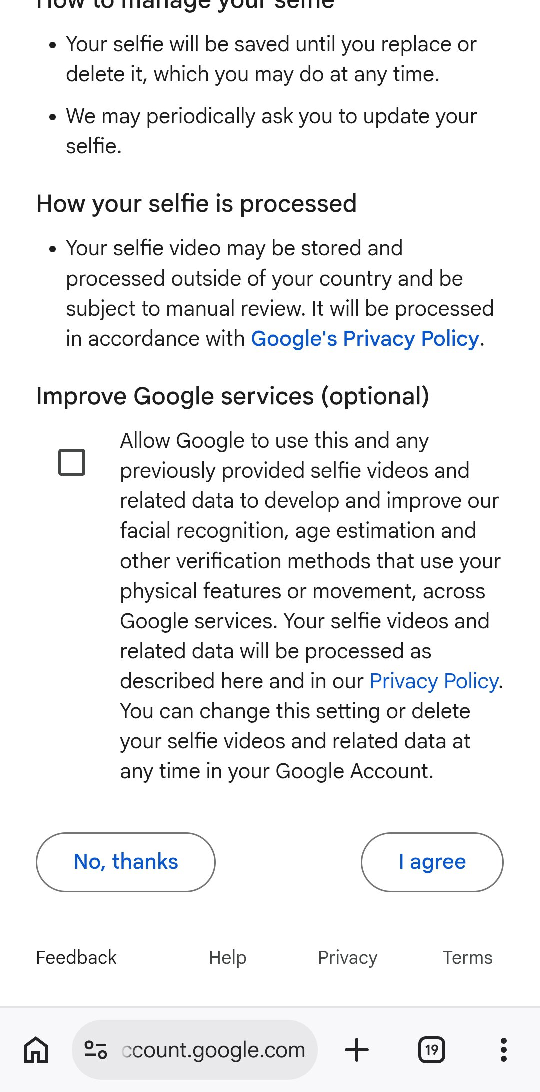 Google selfie video setup information on Android phone
