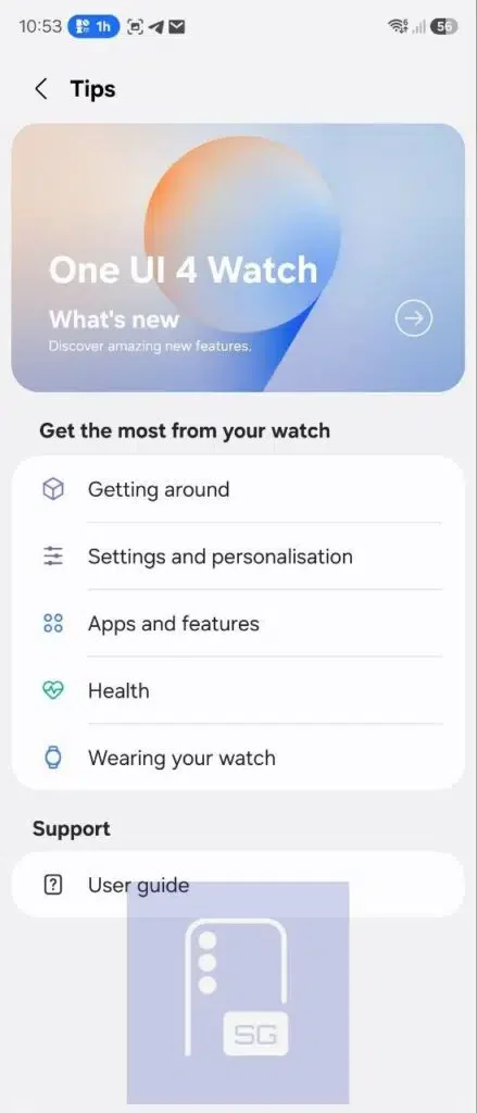 Galaxy wearable app tips section