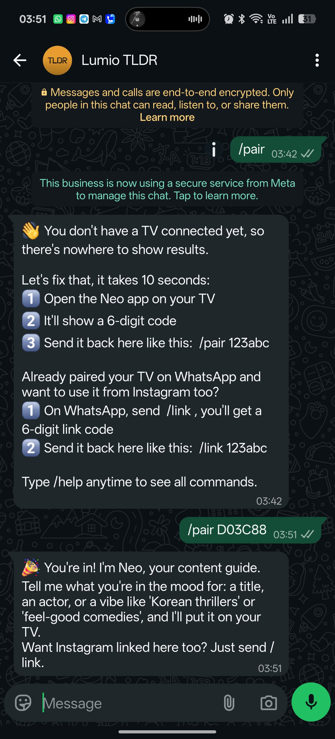 Lumio whatsapp setup