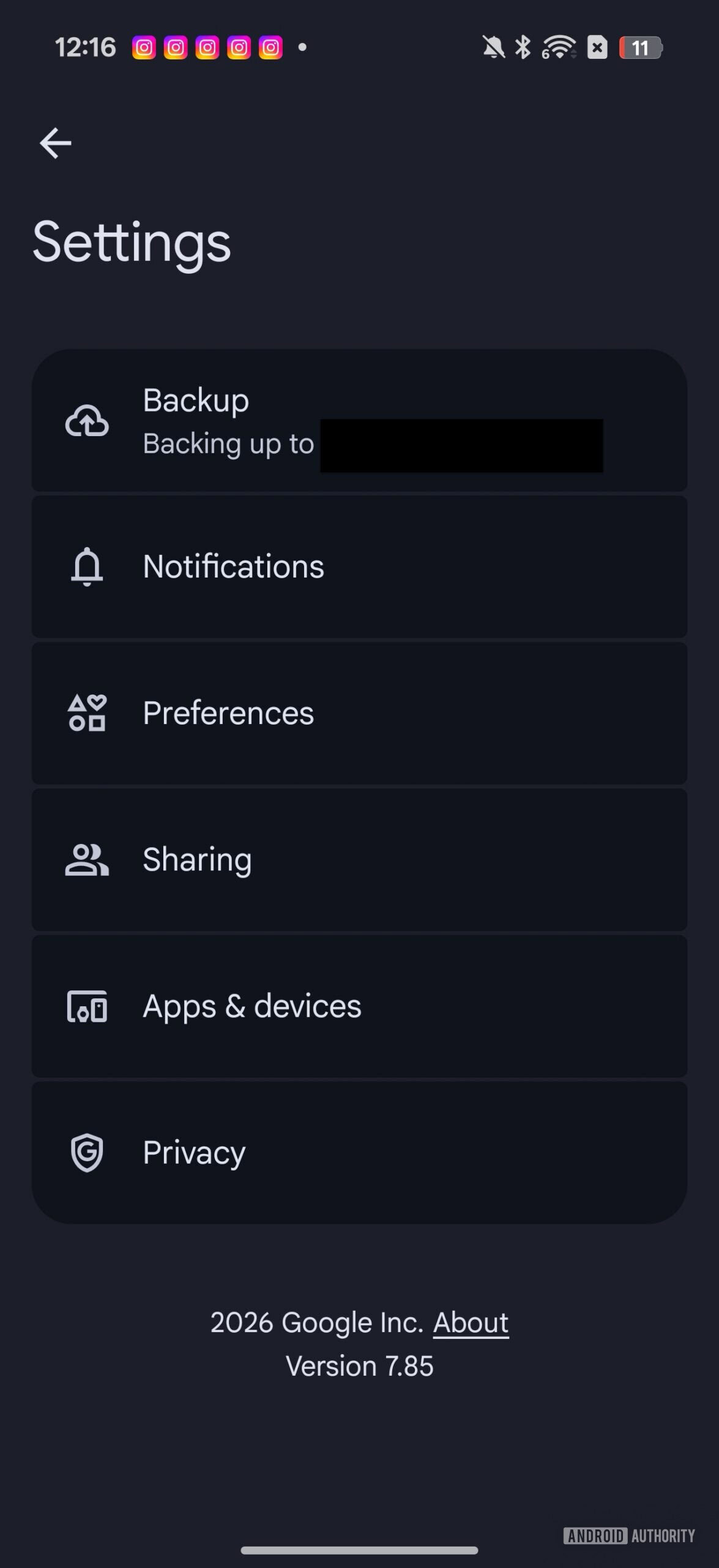 Preferences settings on Google Photos app