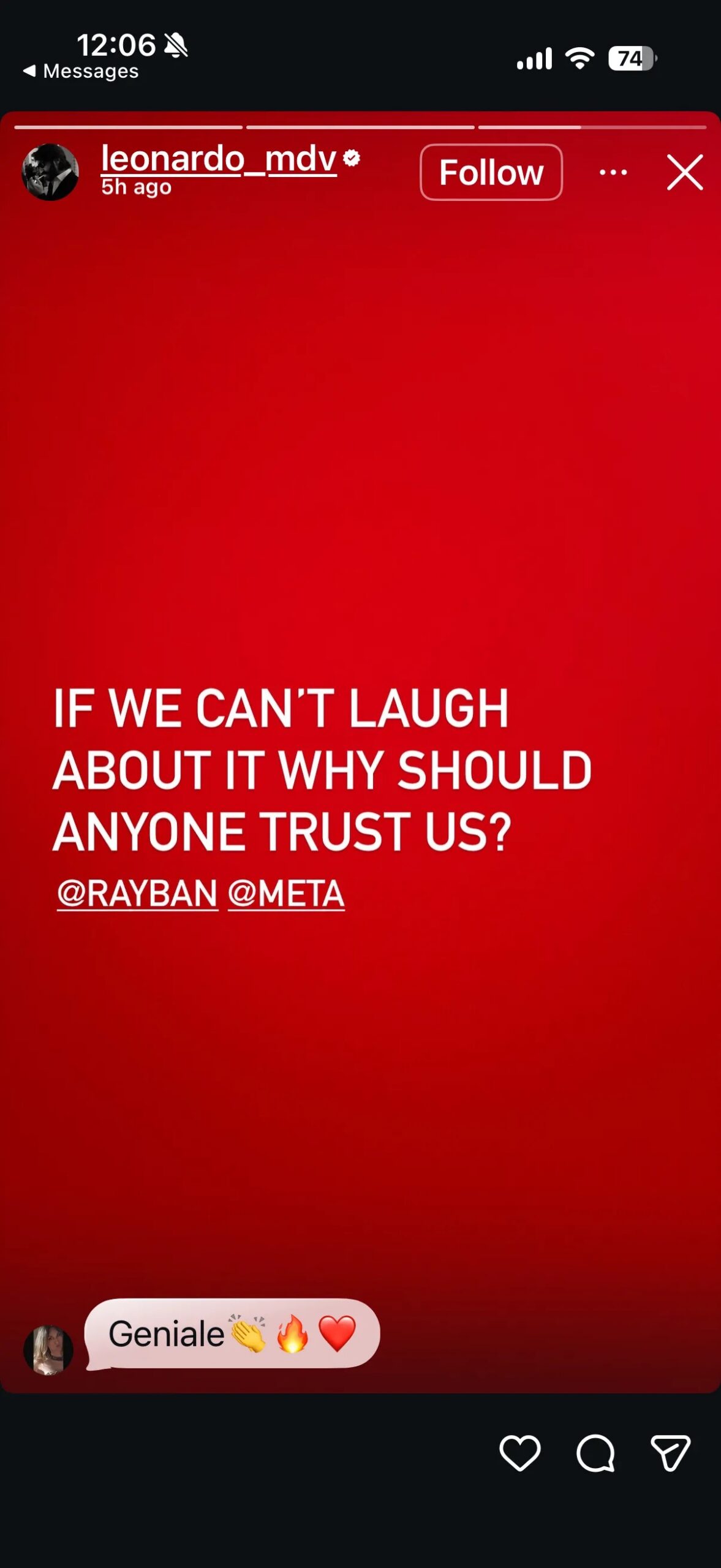 A screenshot of an Instagram story by Ray Ban executive Leonardo Del Vecchio.