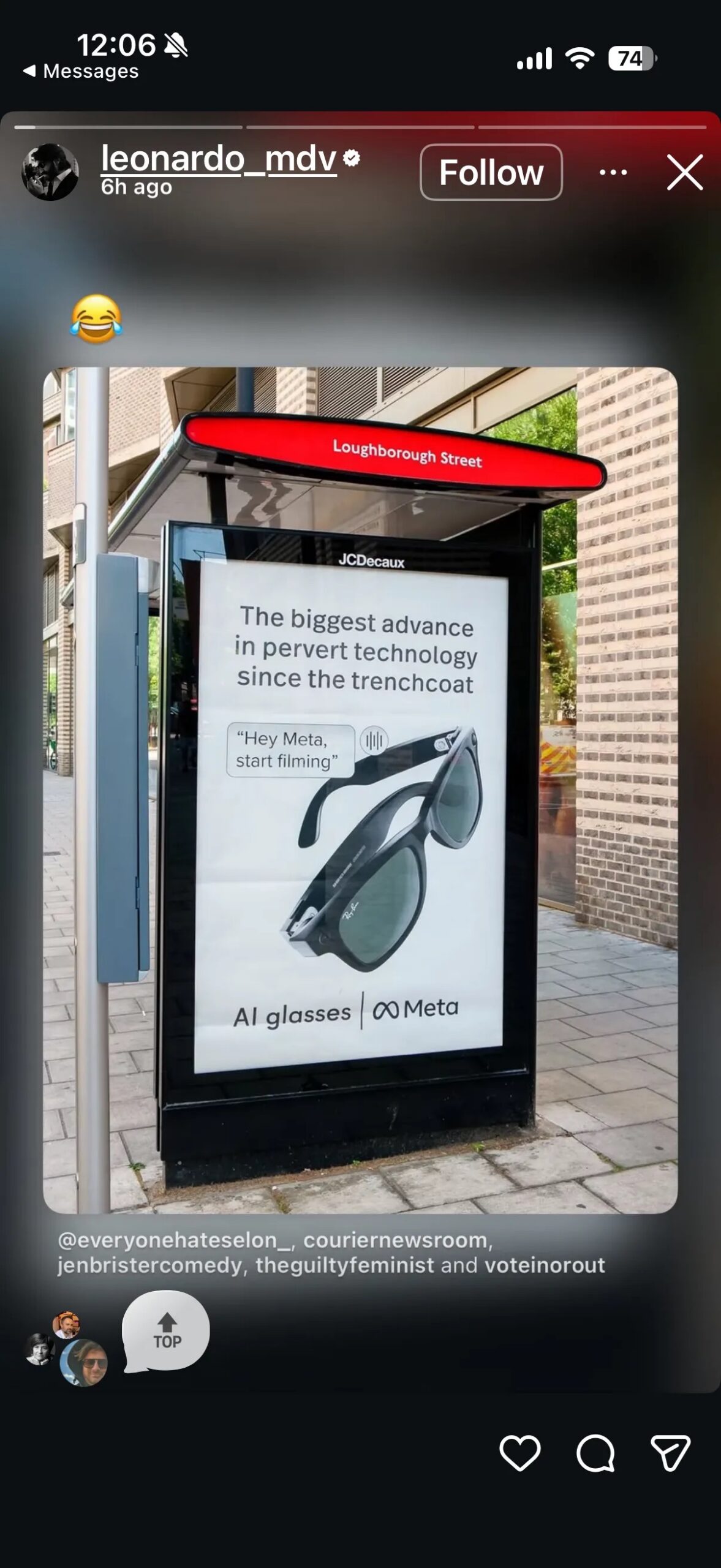 A screenshot of an Instagram story by Ray Ban executive Leonardo Del Vecchio.