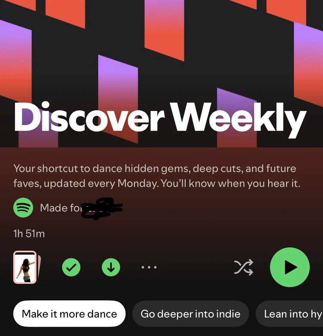 A screenshot showing updated genre filters in a Discover Weekly playlist.