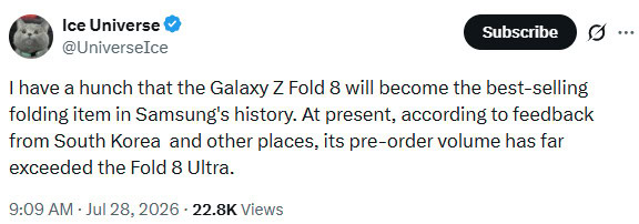 Samsung Galaxy Z Fold 8 preorder performance Ice Universe