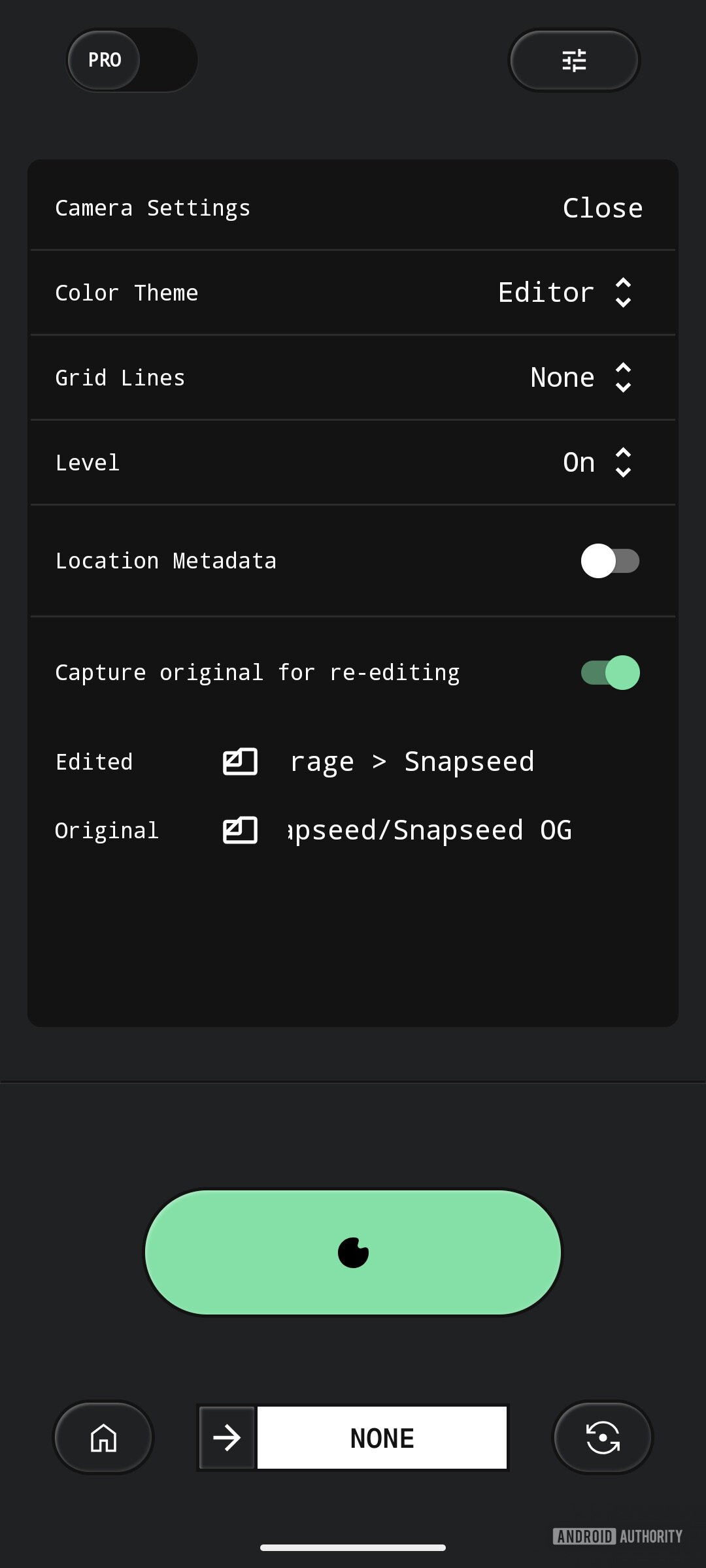 Snapseed Android Geotag A screenshot showing Snapchat’s new Location Metadata and Capture original for re-editing toggles.