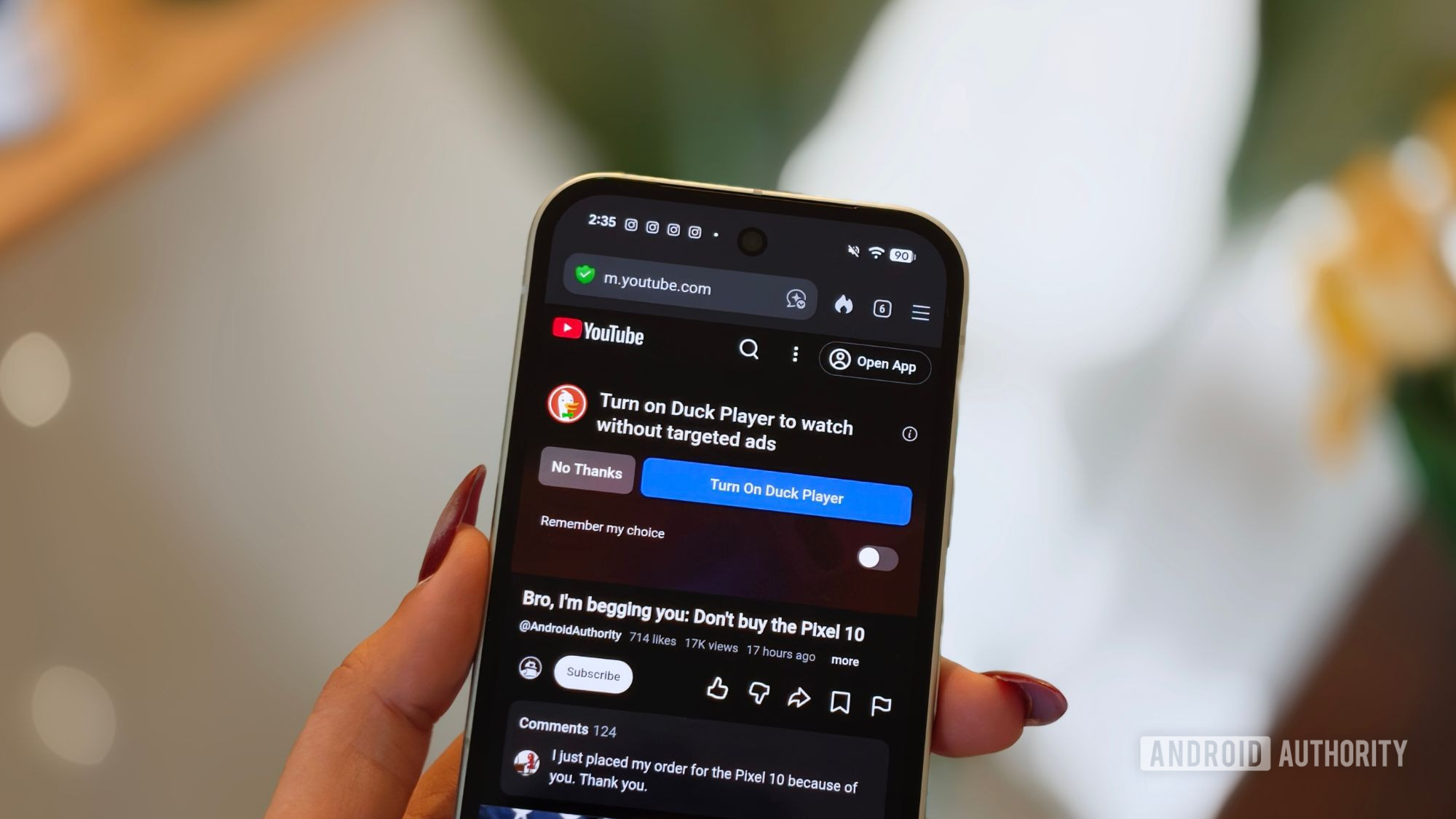 Turn on Duck Player screen on the DuckDuckGo browser