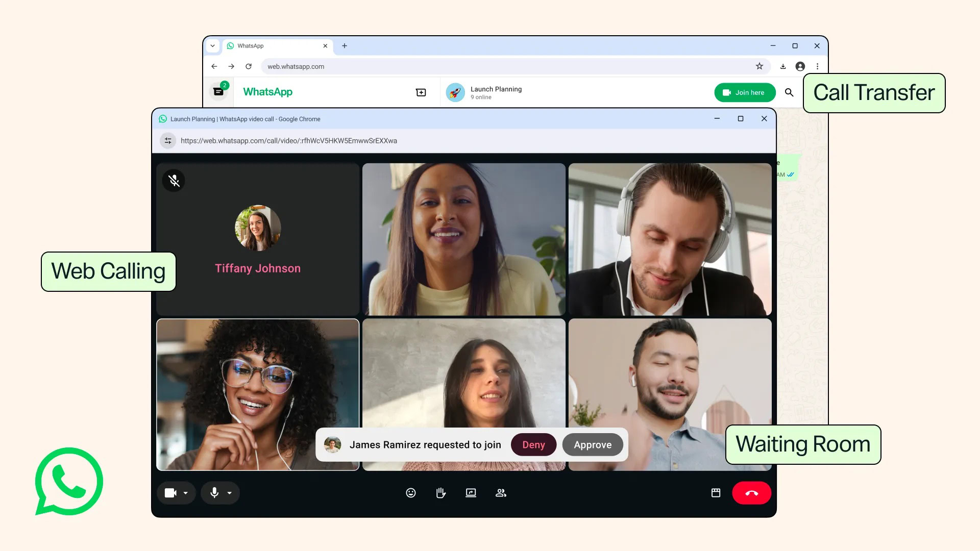 An image illustrating a group video call on WhatsApp Web’s browser interface.