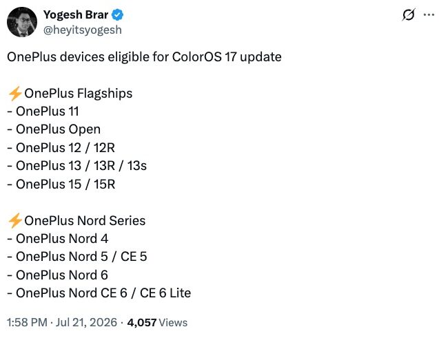 Yogesh Brar on Color OS 17 eligible OnePlus phones Yogesh Brar on Color OS 17 eligible OnePlus phones