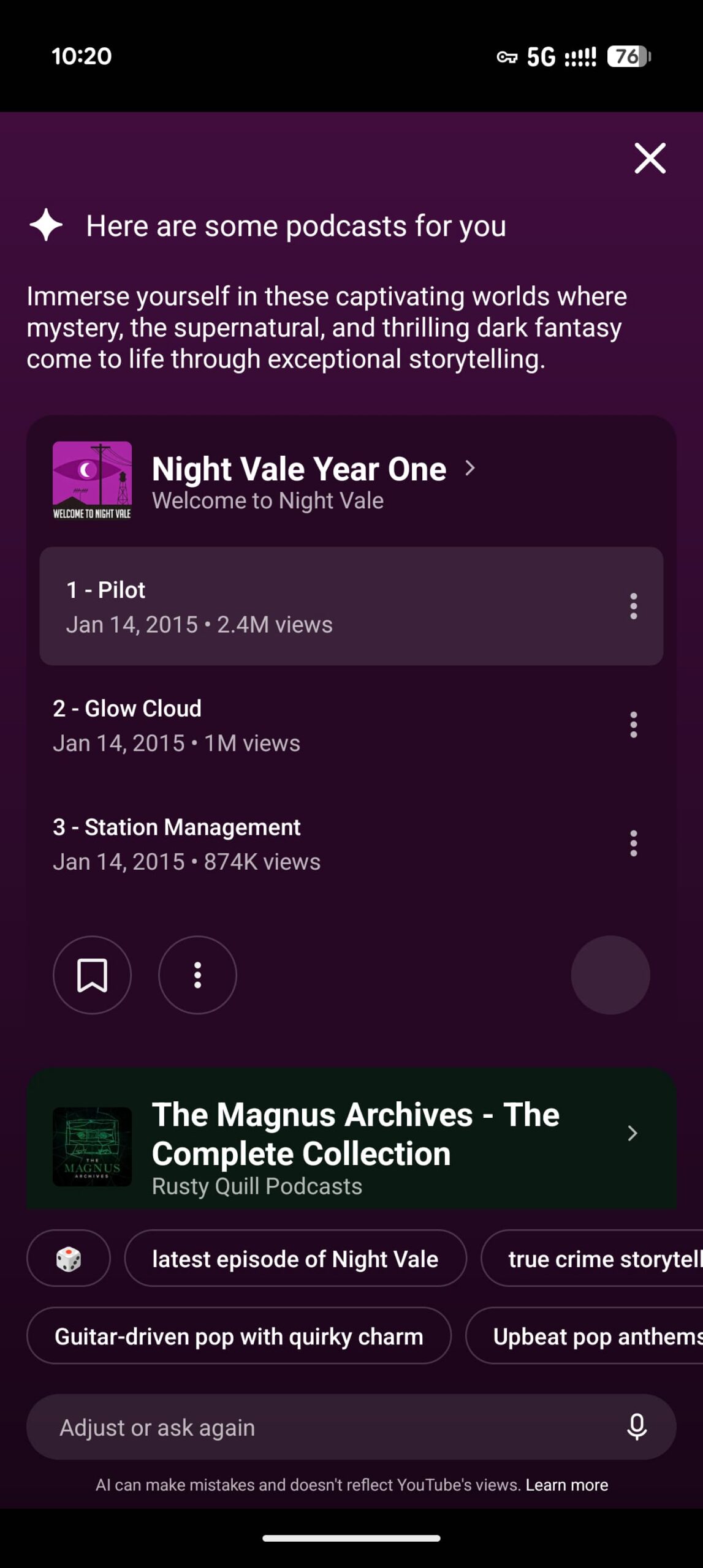 YouTube Music Ask Music podcast suggestions