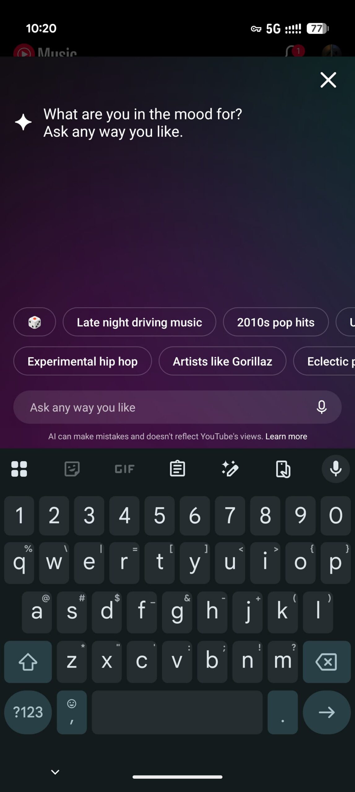 YouTube Music Ask Music podcast suggestions ask page