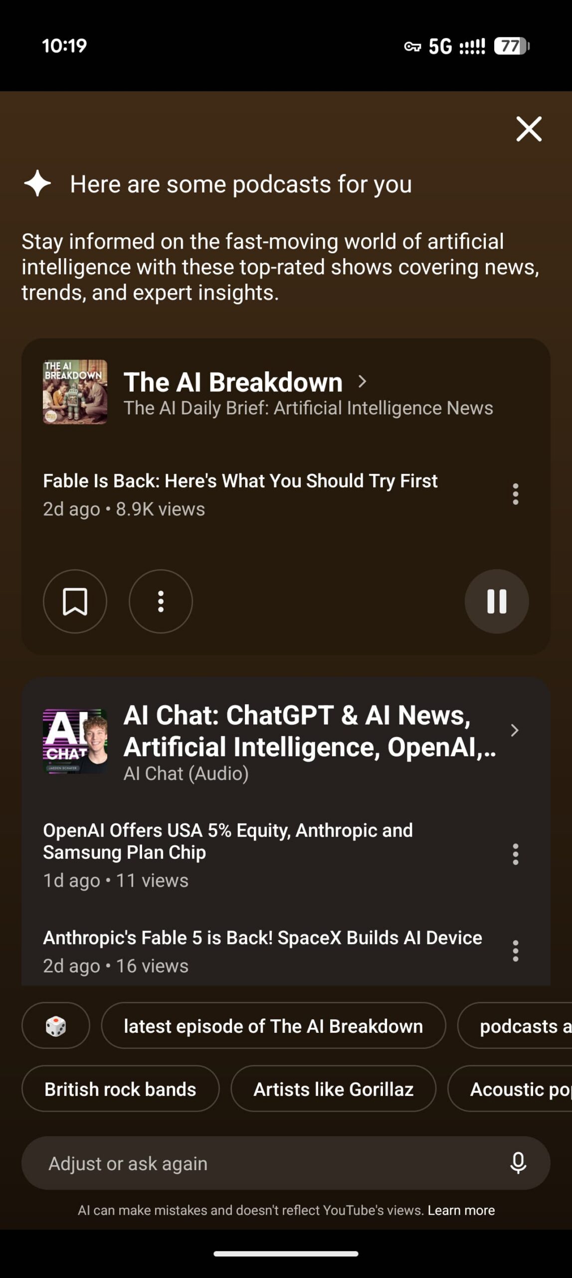 YouTube Music Ask Music podcast suggestions main page