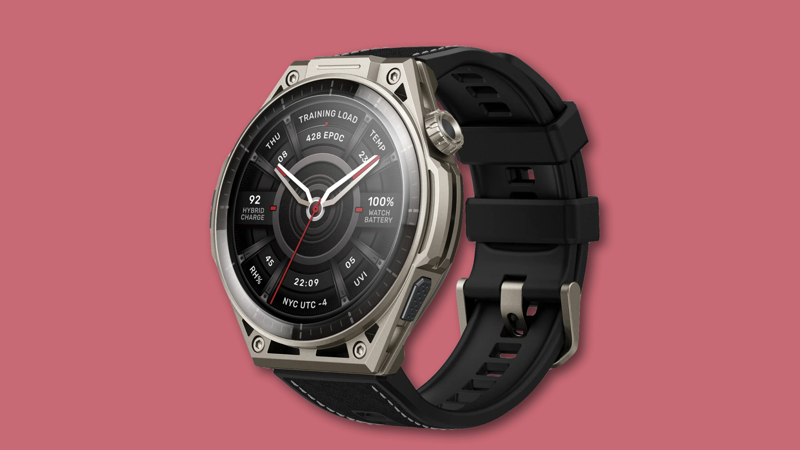 amazfit balance ultra red background hero Render of the Amazfit Balance Ultra against a red background.