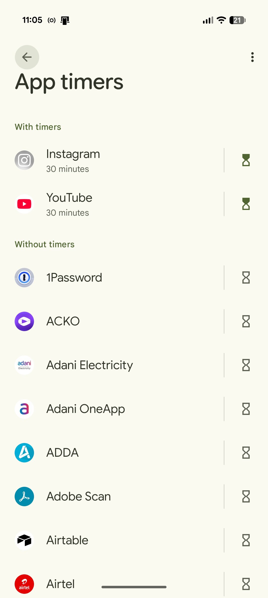 Screenshot of app timers in Android.