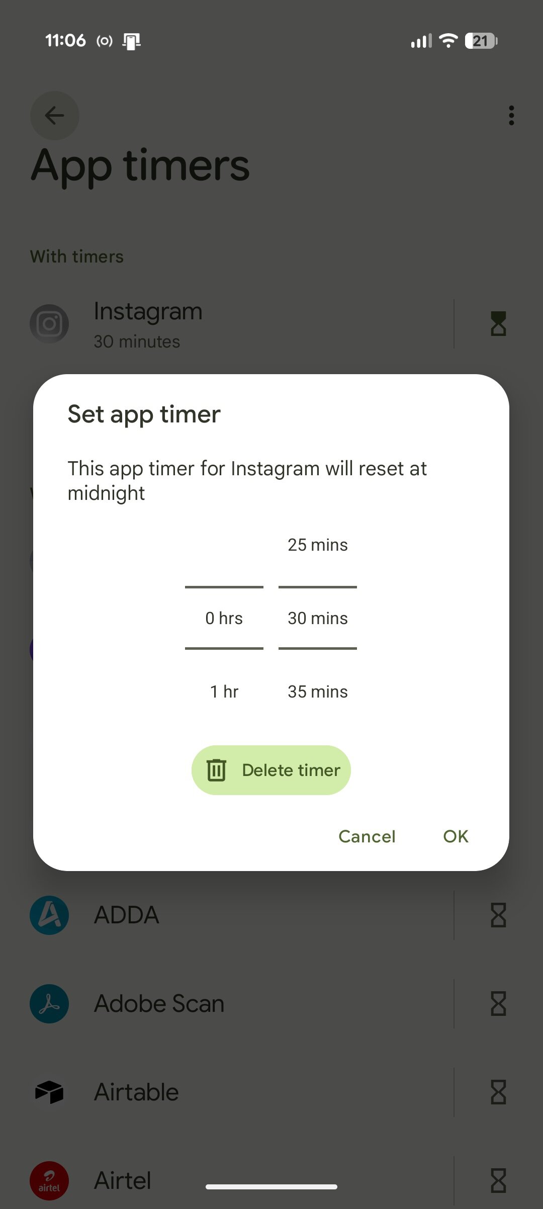 Screenshot of app timers in Android.
