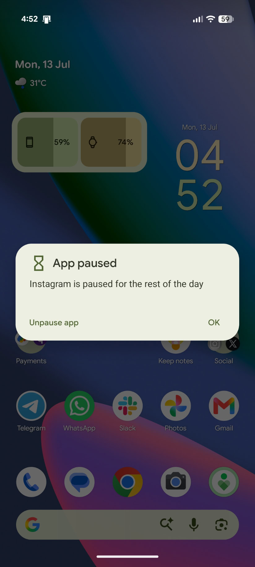 Screenshot of app timers in Android.
