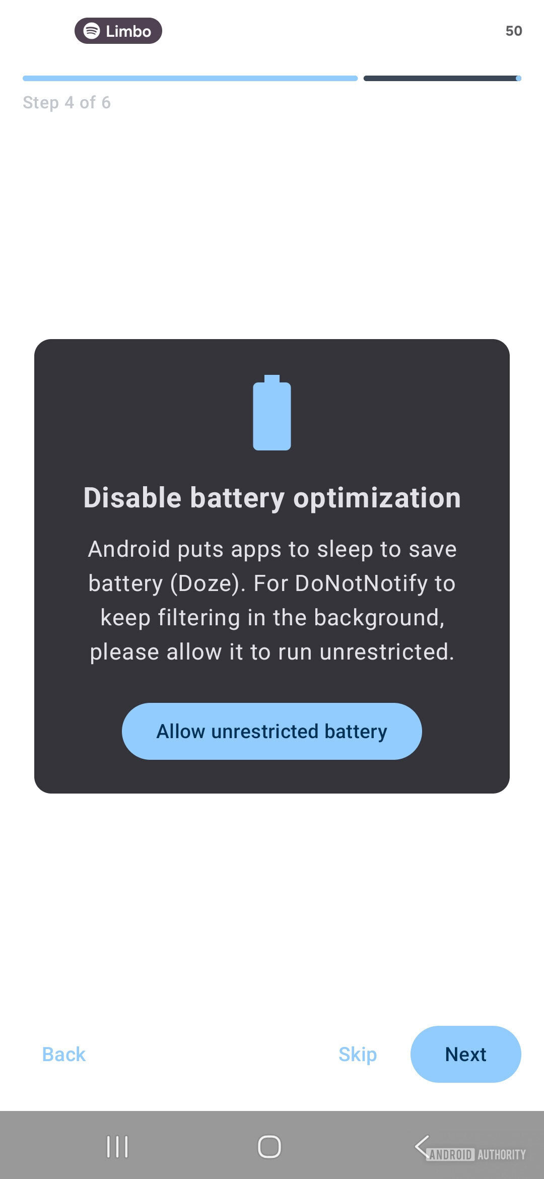 disable battery optimization donotnotify
