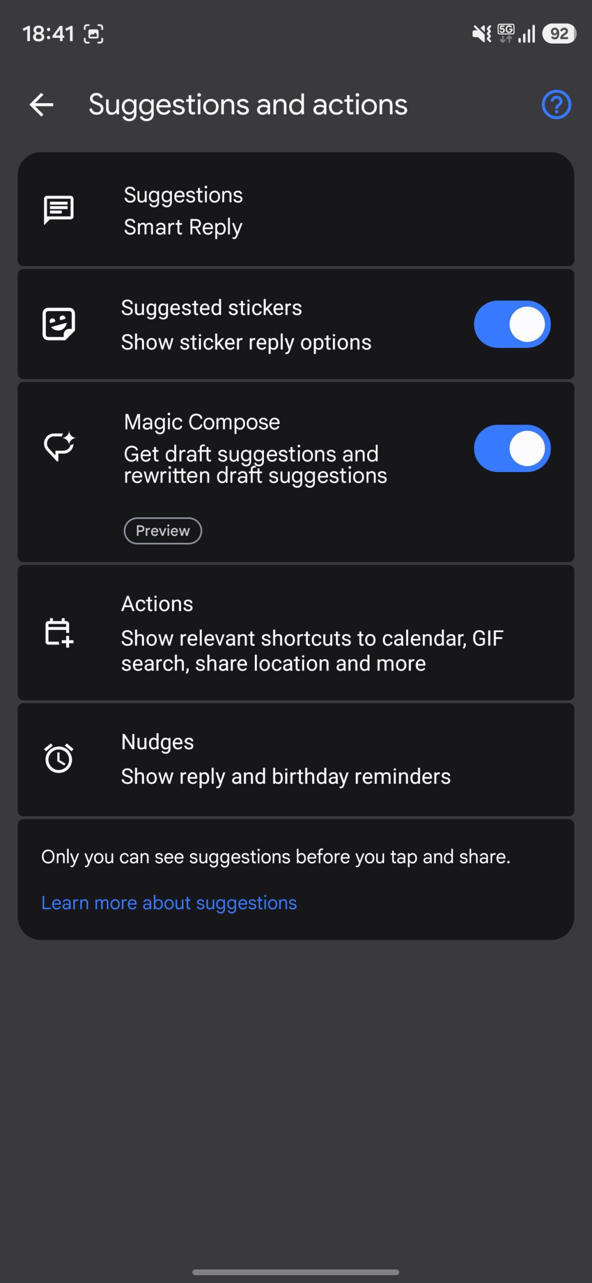 Suggestions and actions settings page.