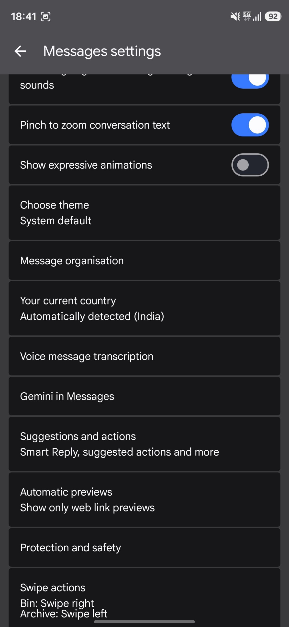 Messages settings page.