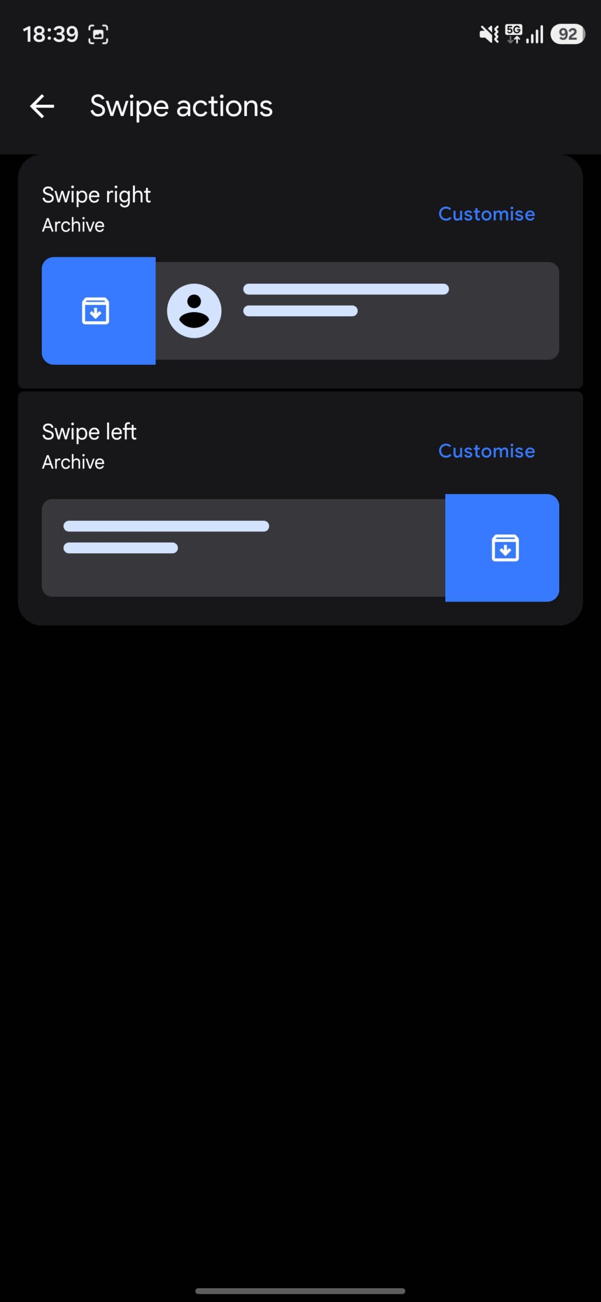 Swipe gestures settings page.