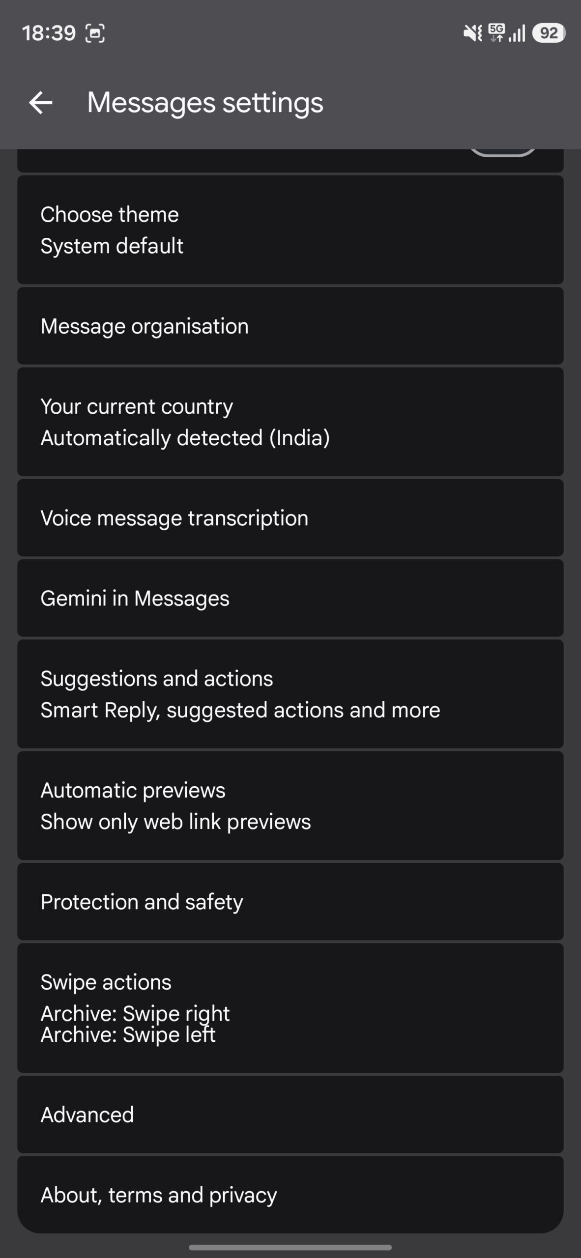 Google Messages settings page.