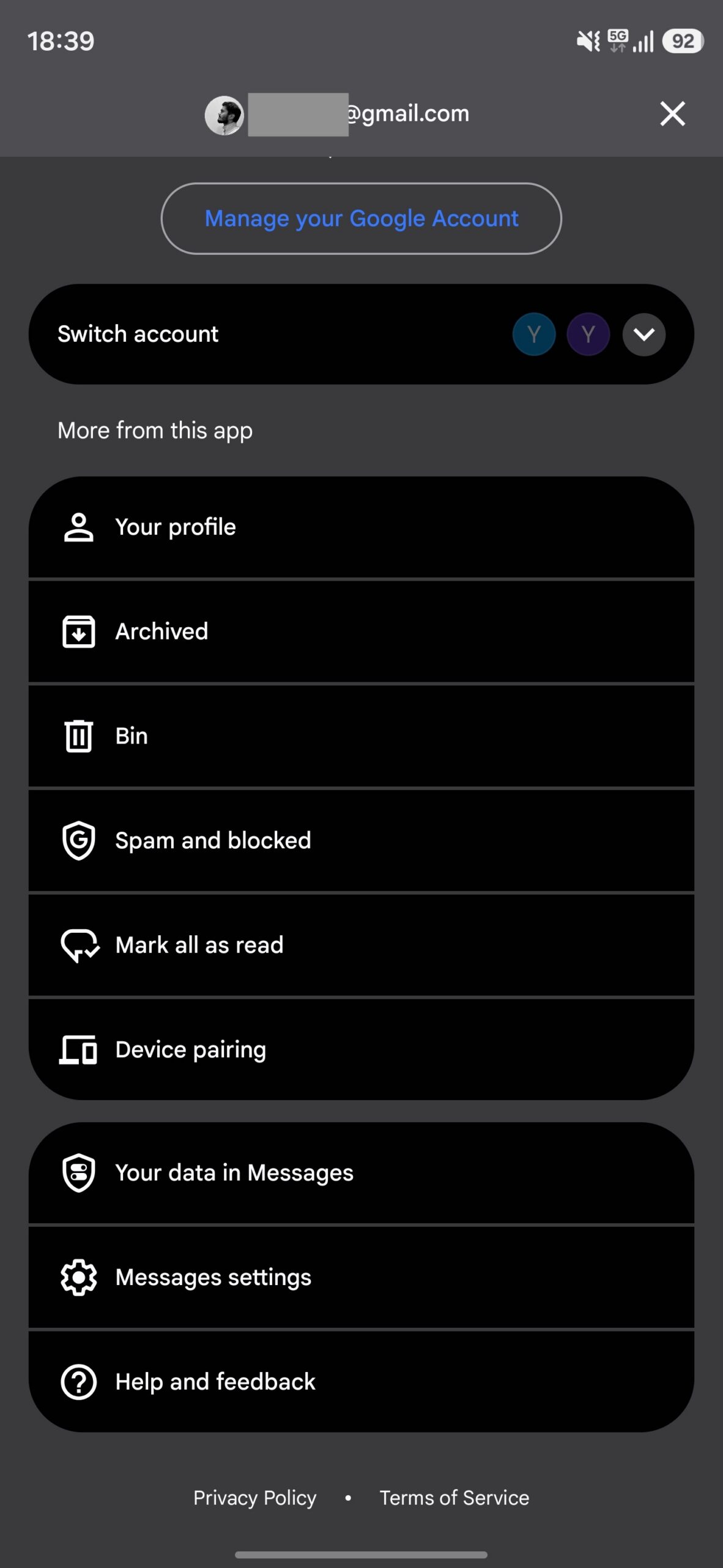 Accessing Google Messages app settings.