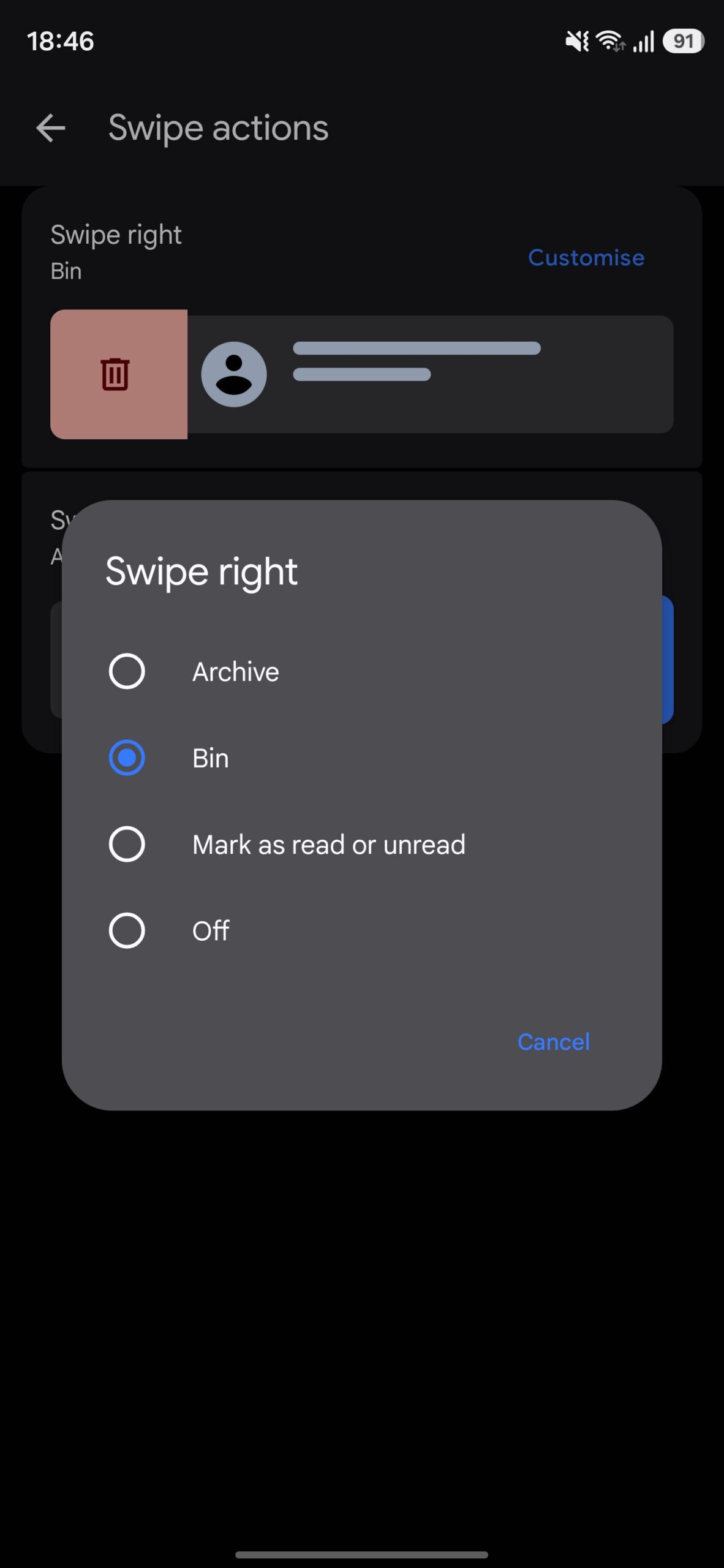 Setting the swipe right gesture to send messages to the bin.
