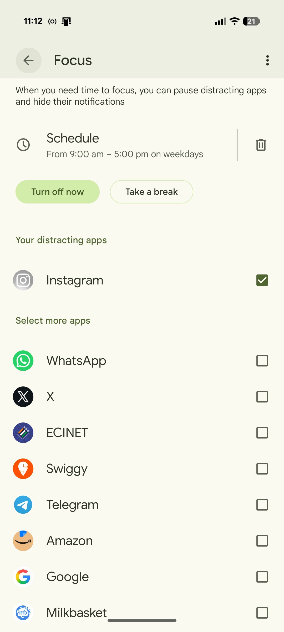 Screenshot of the Focus setting in Android.