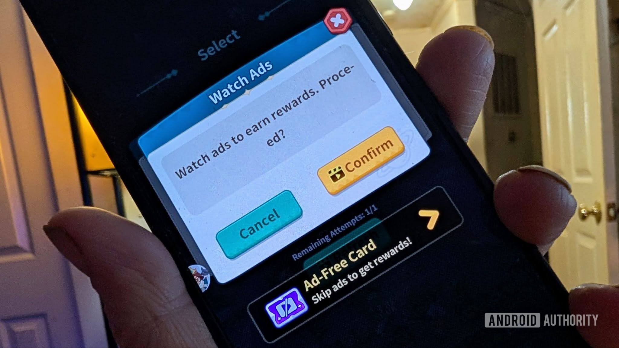 free app with terrible ad Android app with a pop-up about watching video ads.
