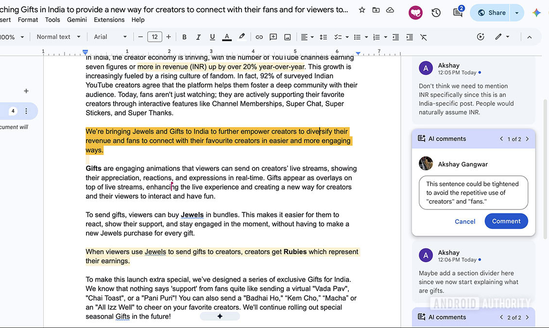 gemini leaving feedback in google docs