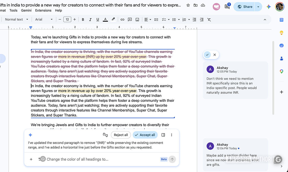 gemini making draft changes to docs based on comment feedback