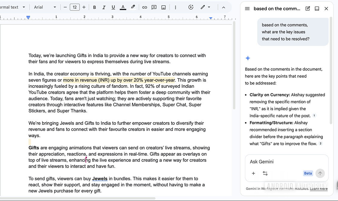 gemini summarizing comment feedback in google docs