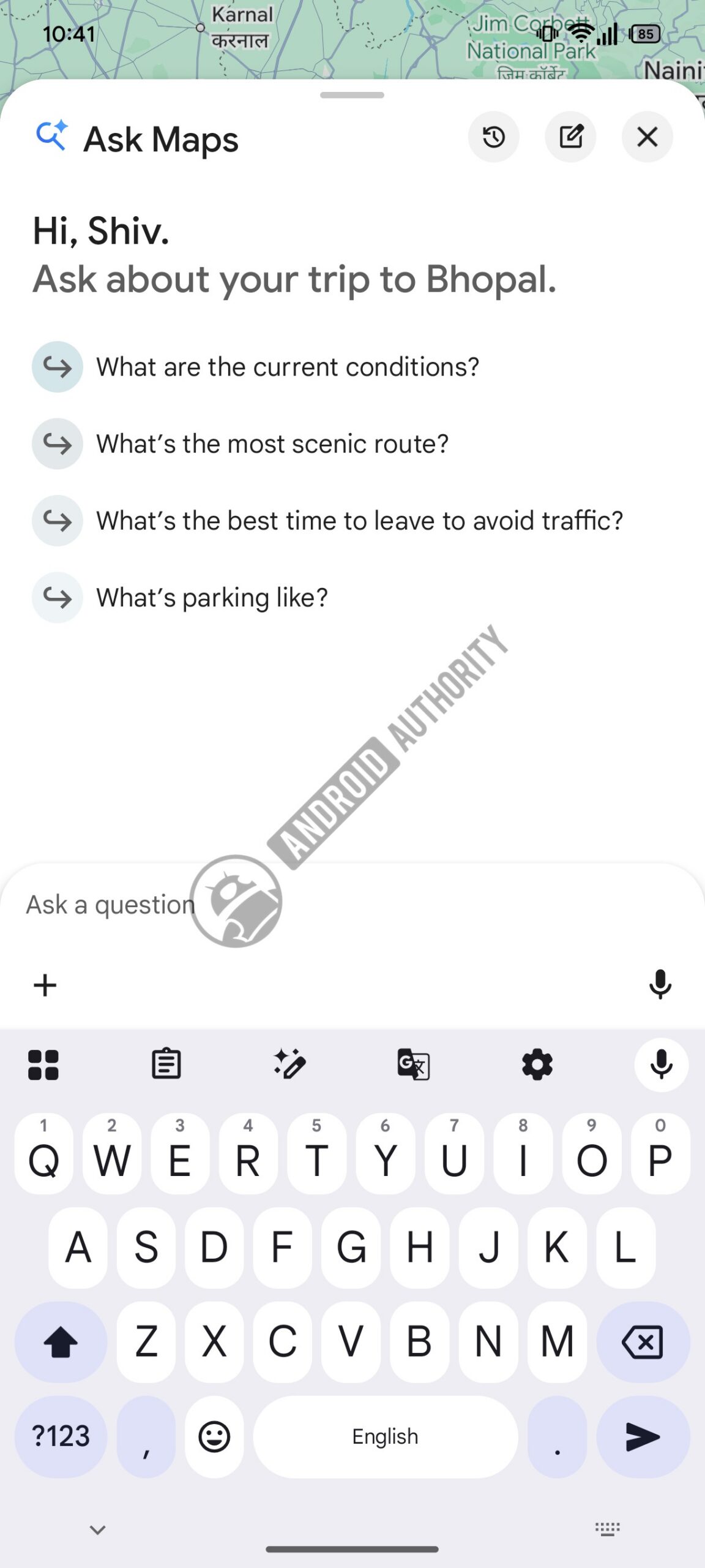 google maps ask maps chat window within driving directions screen image watermarked