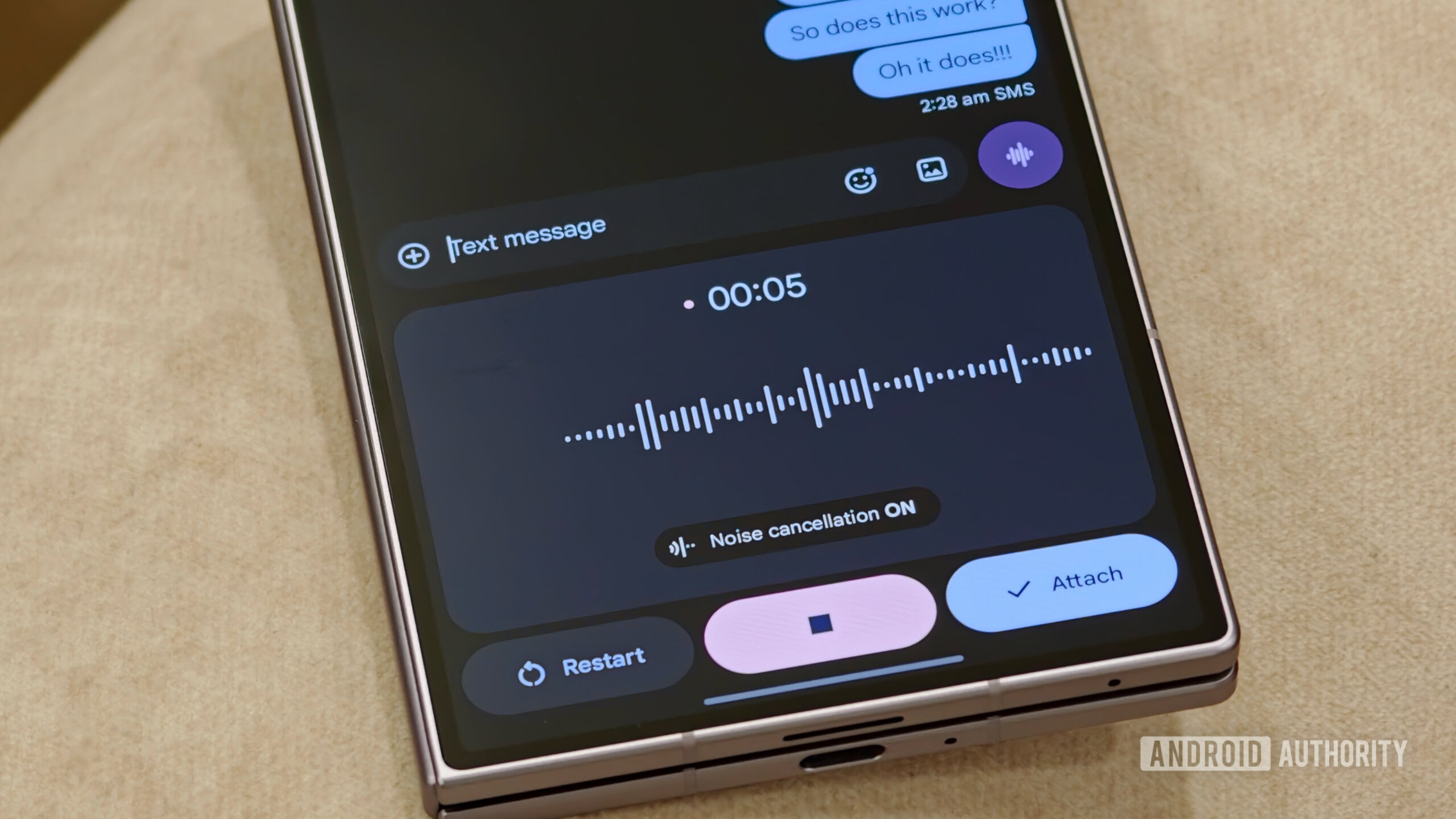 google messages voice recording A smartphone screen displaying the Google Messages voice note recording interface with an active audio waveform and noise cancellation toggle