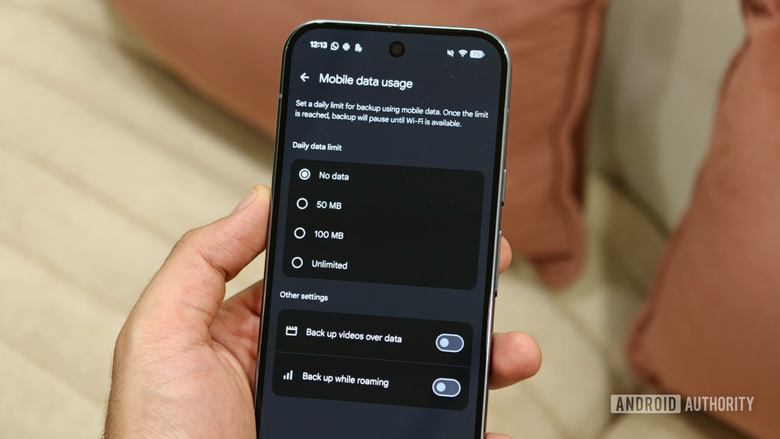 google photos backup usage An Android mobile data usage settings page showing daily data limit radio buttons for Google Photos backup