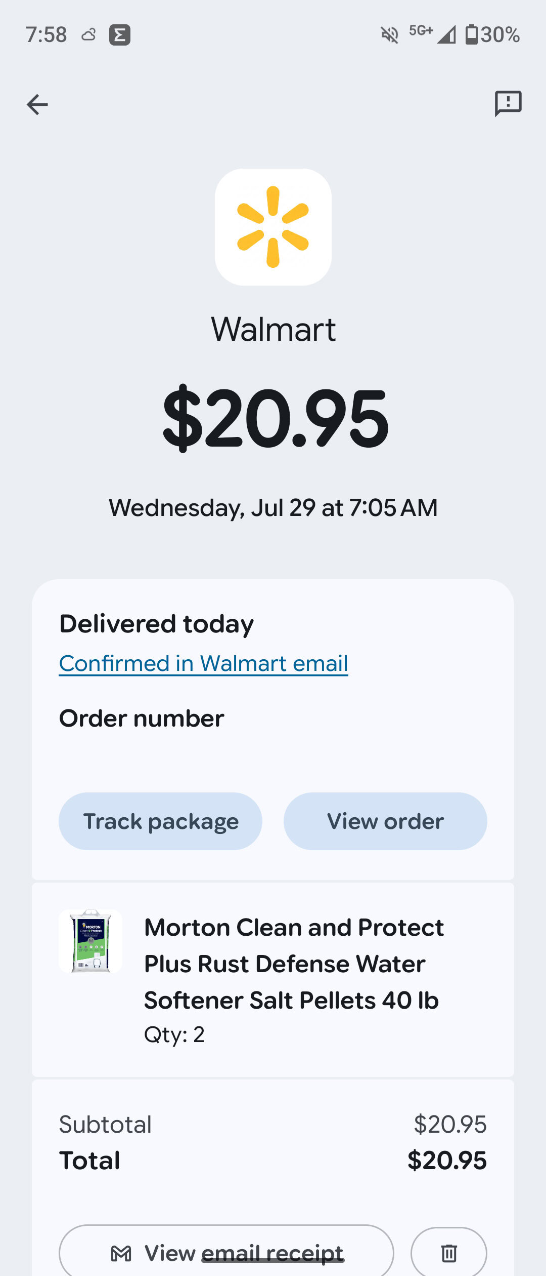 Screenshot of online order tracking in the Google Wallet app.