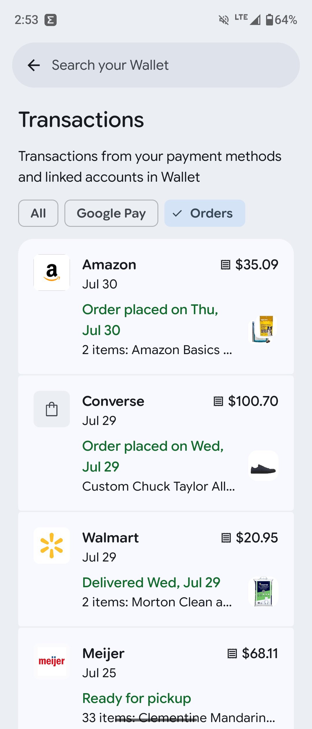 Screenshot of online order tracking in the Google Wallet app.